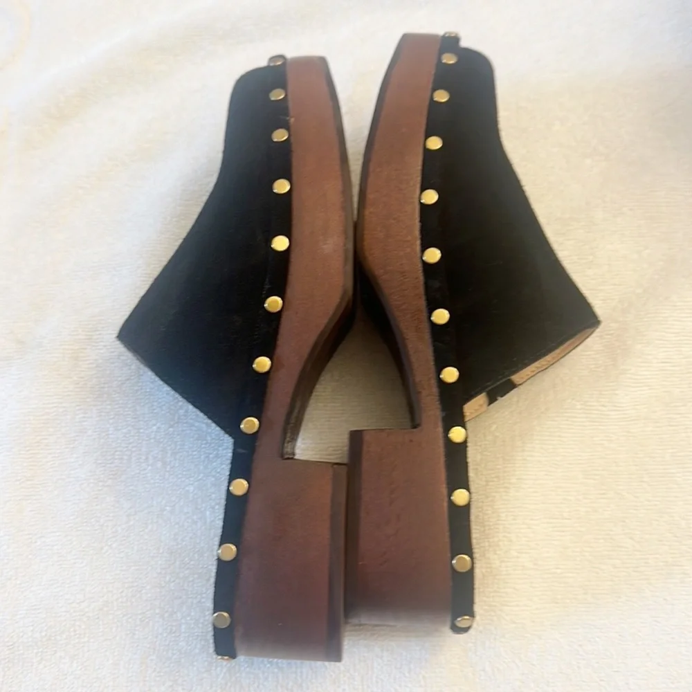 J.Crew Dakota Black Suede Gold mules clogs shoes women size 5